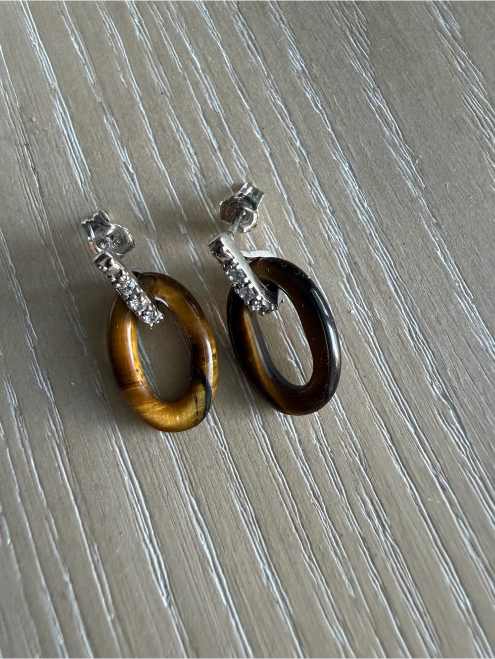 925 silver Tiger Eye Hoop Drop Earrings with Crystal Accents